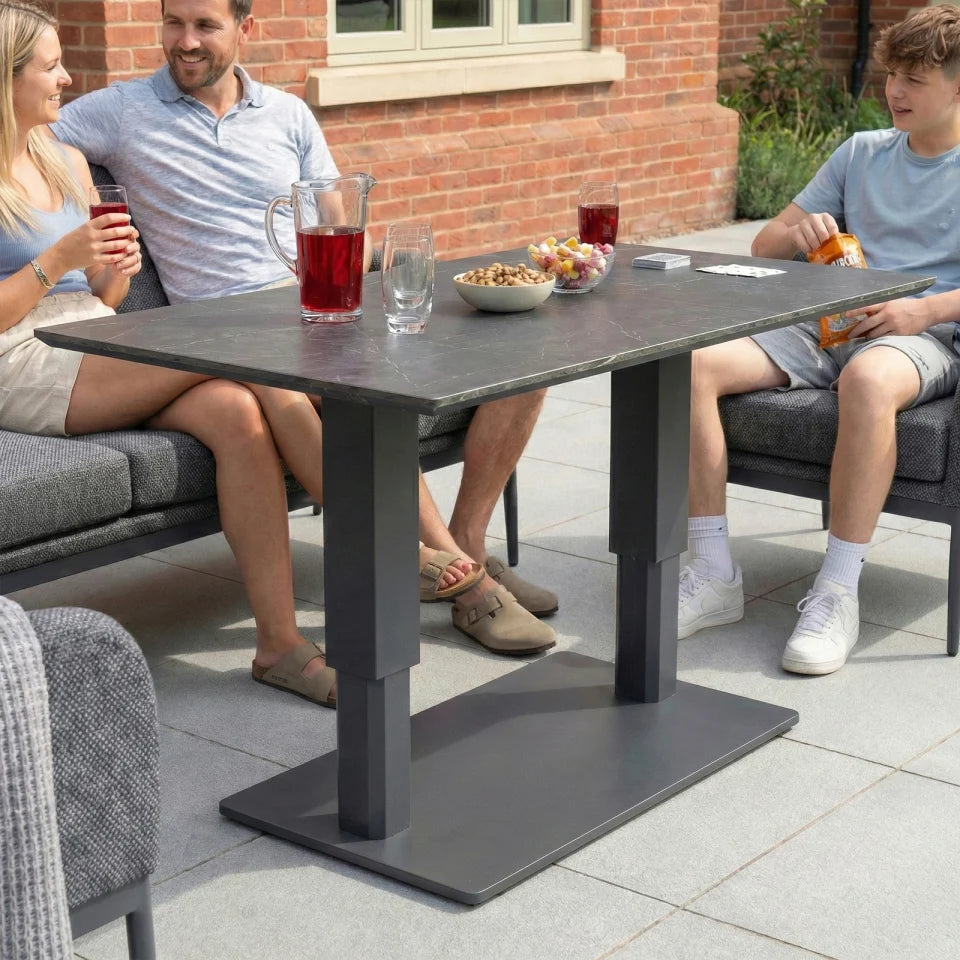 Ally 3 Seater All Weather Fabric Aluminium Lounge Dining Set with 2 Armchairs and Bench - Adjustable Rising Table in Graphite Grey