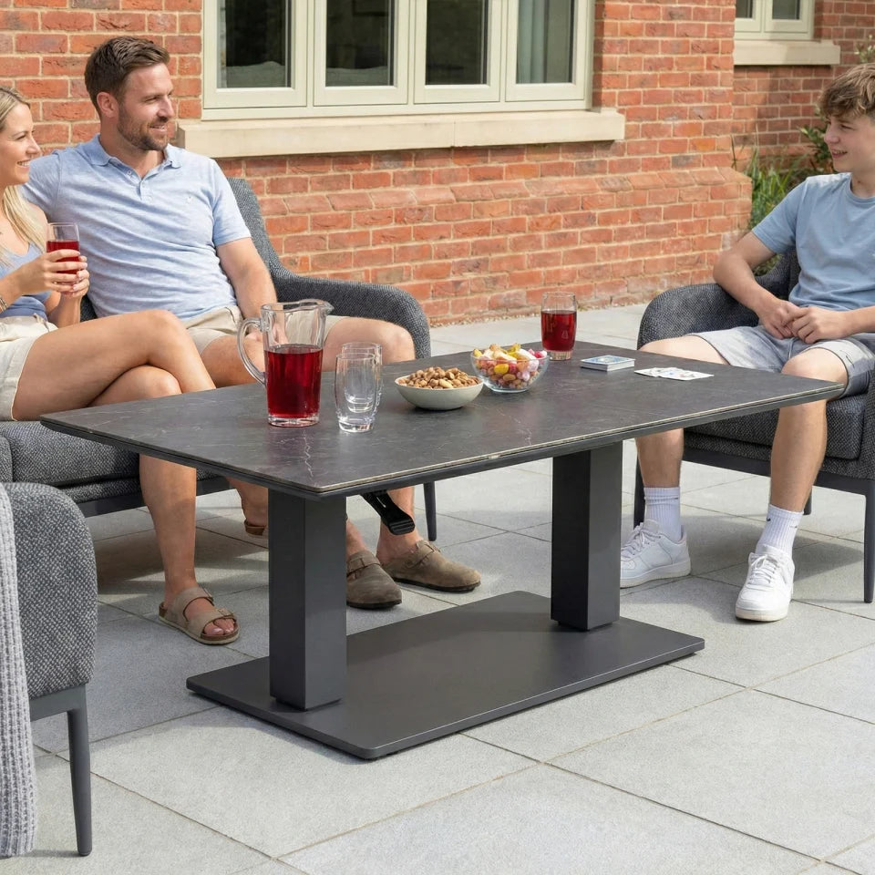 Ally 3 Seater All Weather Fabric Aluminium Lounge Dining Set with 2 Armchairs and Bench - Adjustable Rising Table in Graphite Grey