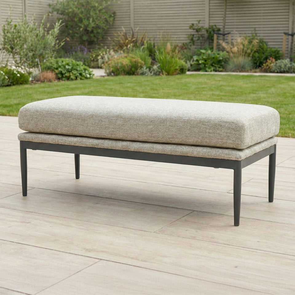 Ally L-Shaped Corner All Weather Fabric Aluminium Lounge Dining Set with Bench and Stool - Left Handed with Adjustable Rising Table in Oatmeal