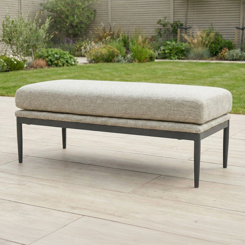 Ally L-Shaped Corner All Weather Fabric Aluminium Lounge Dining Set with Armchair and Bench - Left Handed with Adjustable Rising Table in Oatmeal