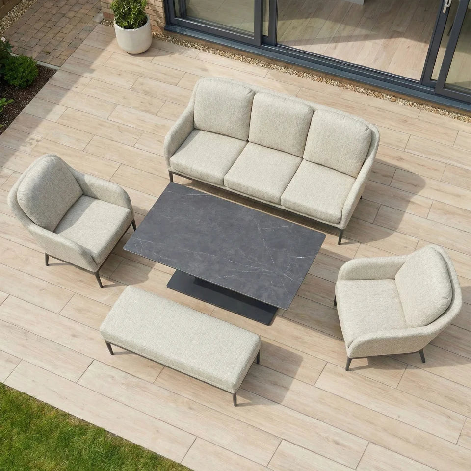 Ally 3 Seater All Weather Fabric Aluminium Lounge Dining Set with 2 Armchairs and Bench - Adjustable Rising Table in Oatmeal