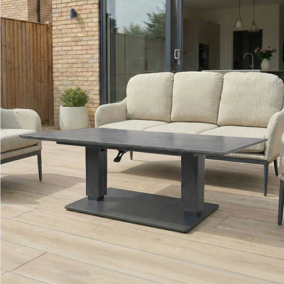 Ally 3 Seater All Weather Fabric Aluminium Lounge Dining Set with 2 Armchairs and Bench - Adjustable Rising Table in Oatmeal