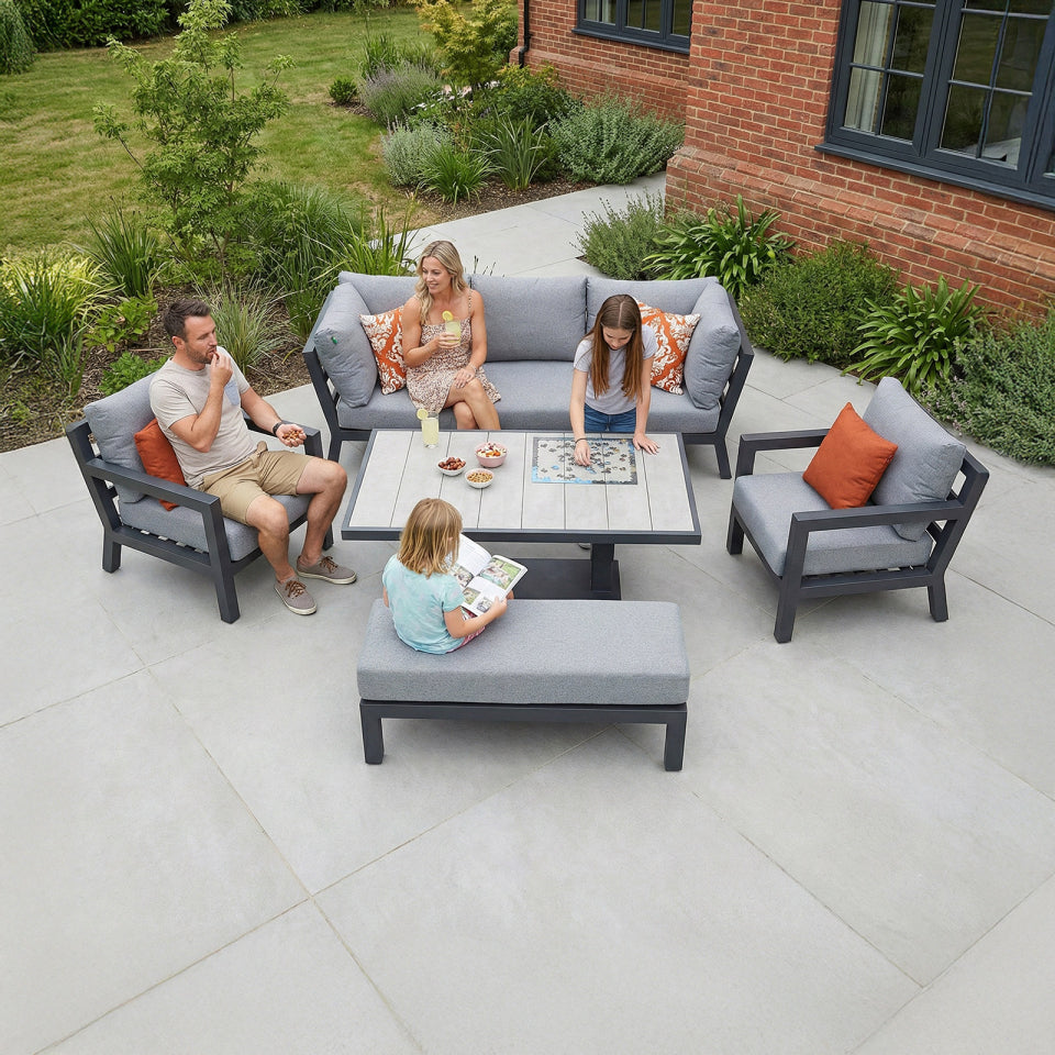 Emerson 3 Seater Aluminium Lounge Dining Set with 2 Armchairs and Bench - Adjustable Rising Table in Graphite Grey