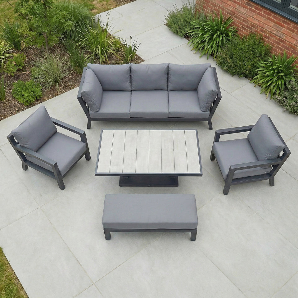 Emerson 3 Seater Aluminium Lounge Dining Set with 2 Armchairs and Bench - Adjustable Rising Table in Graphite Grey