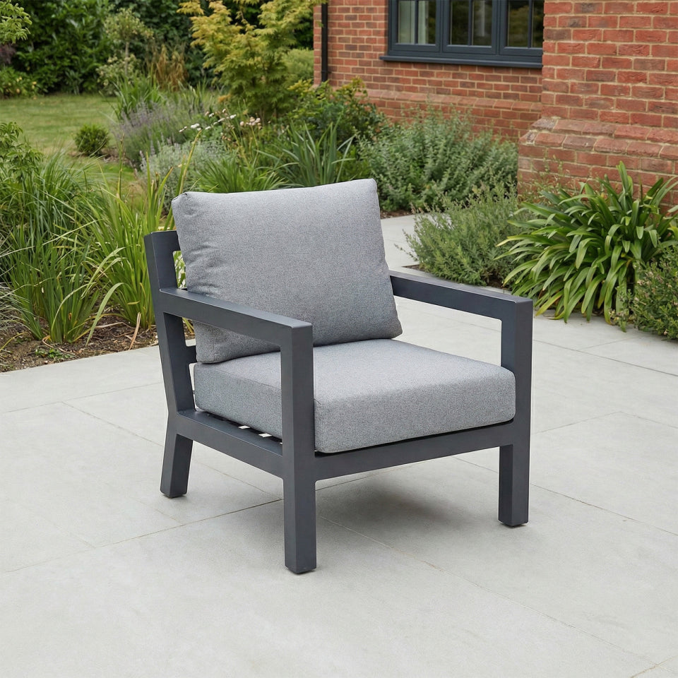 Emerson 3 Seater Aluminium Lounge Dining Set with 2 Armchairs and Bench - Adjustable Rising Table in Graphite Grey
