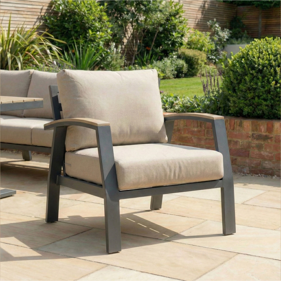 Leah L-Shaped Corner Aluminium Wood Look Lounge Dining Set with Armchair and Bench - Adjustable Rising Table in Graphite Grey