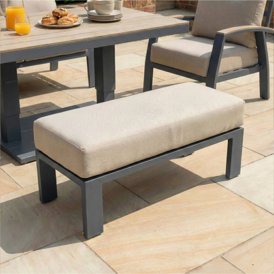 Leah L-Shaped Corner Aluminium Wood Look Lounge Dining Set with Armchair and Bench - Adjustable Rising Table in Graphite Grey