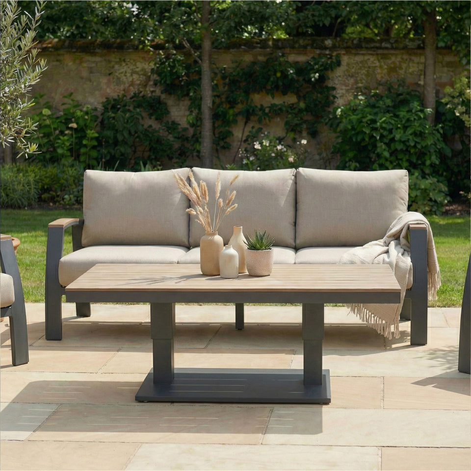 Leah 3 Seater Aluminium Wood Look Lounge Dining Set with 2 Armchairs and Bench - Adjustable Rising Table in Graphite Grey