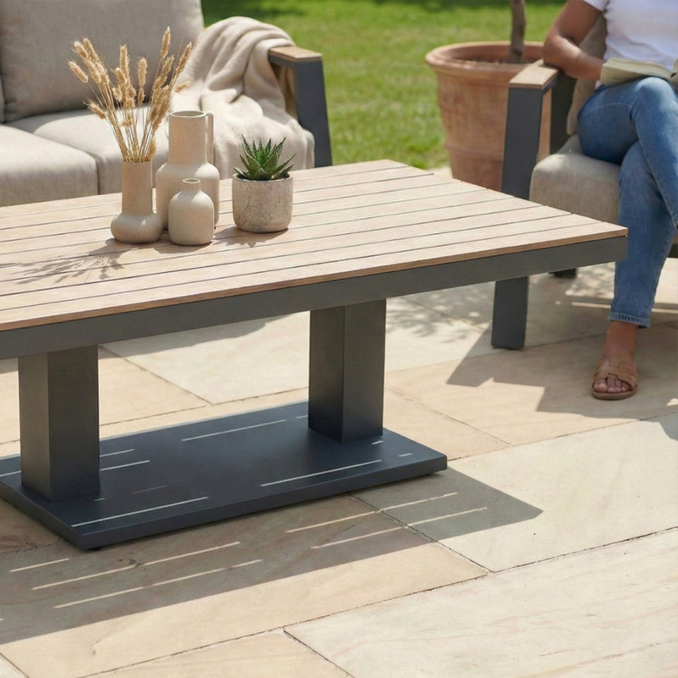 Leah 3 Seater Aluminium Wood Look Lounge Dining Set with 2 Armchairs and Bench - Adjustable Rising Table in Graphite Grey