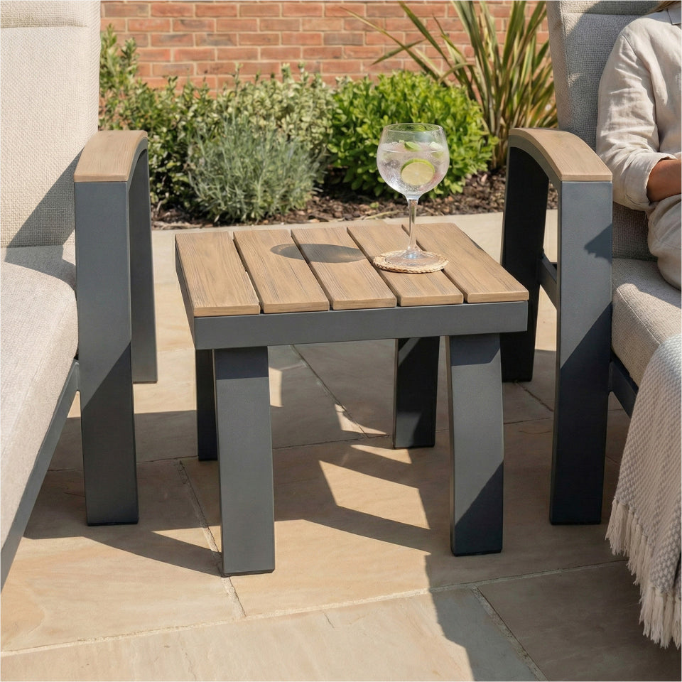 Leah Aluminium Wood Look Sun Lounger Set of 2 and Side Table in Graphite Grey