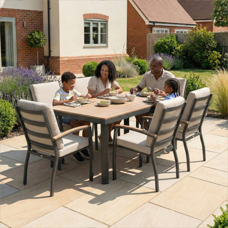 Leah 6 Seat Rectangular Aluminium Dining Set in Graphite Grey