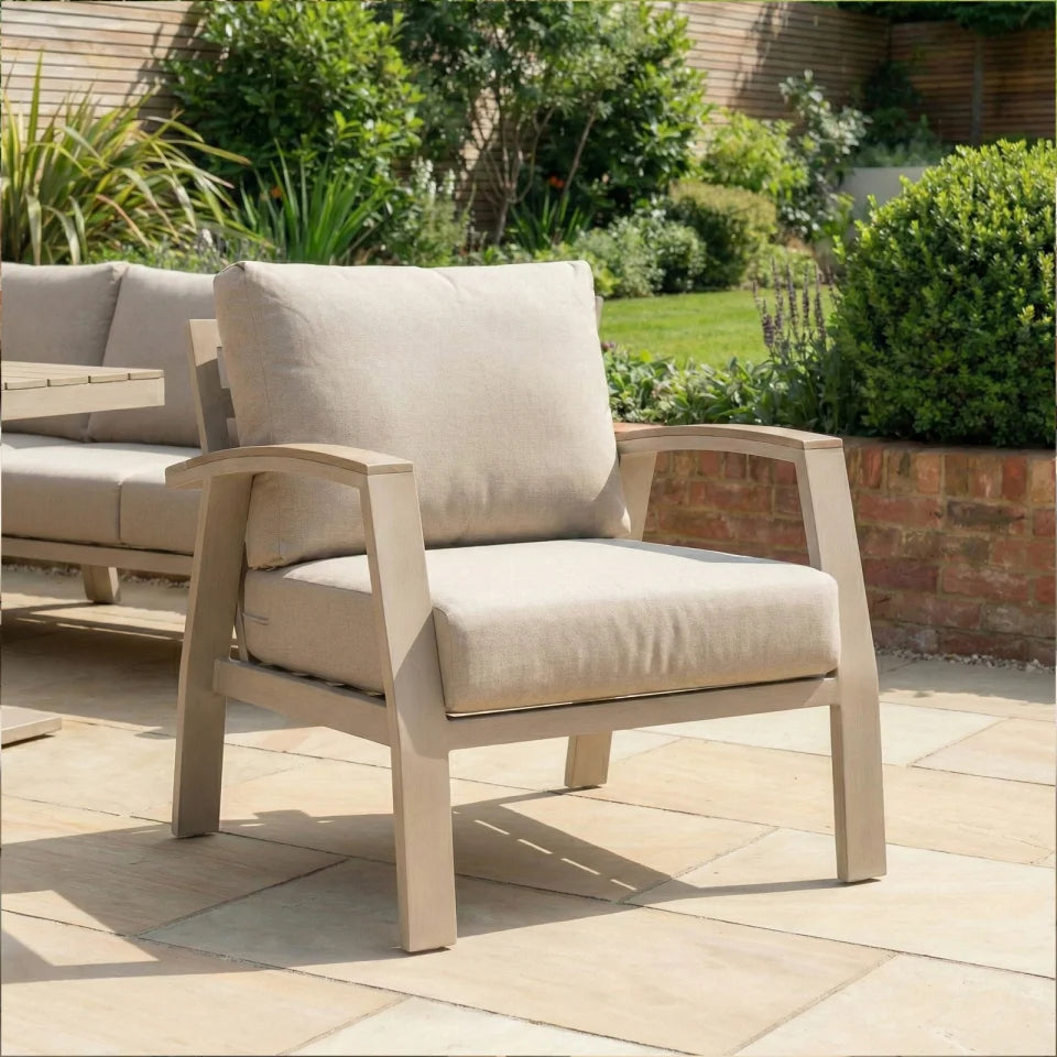 Leah L-Shaped Corner Aluminium Wood Look Lounge Dining Set with Armchair and Bench - Adjustable Rising Table in Fawn