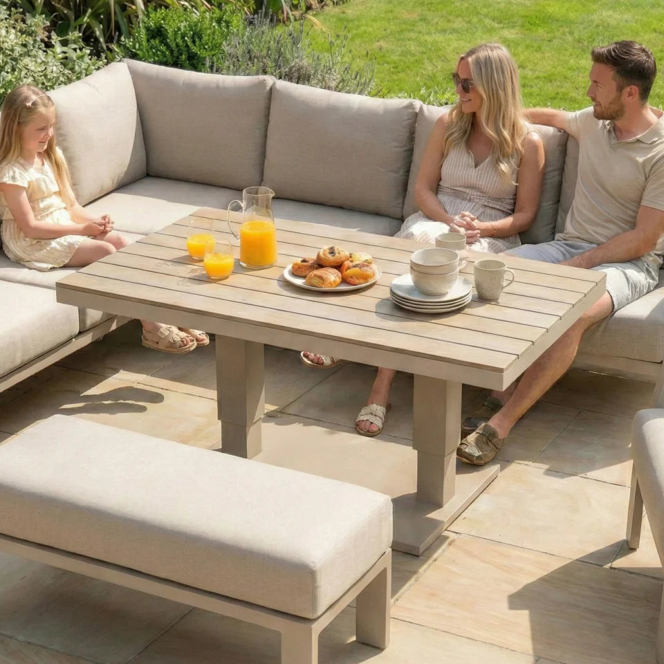 Leah L-Shaped Corner Aluminium Wood Look Lounge Dining Set with Armchair and Bench - Adjustable Rising Table in Fawn