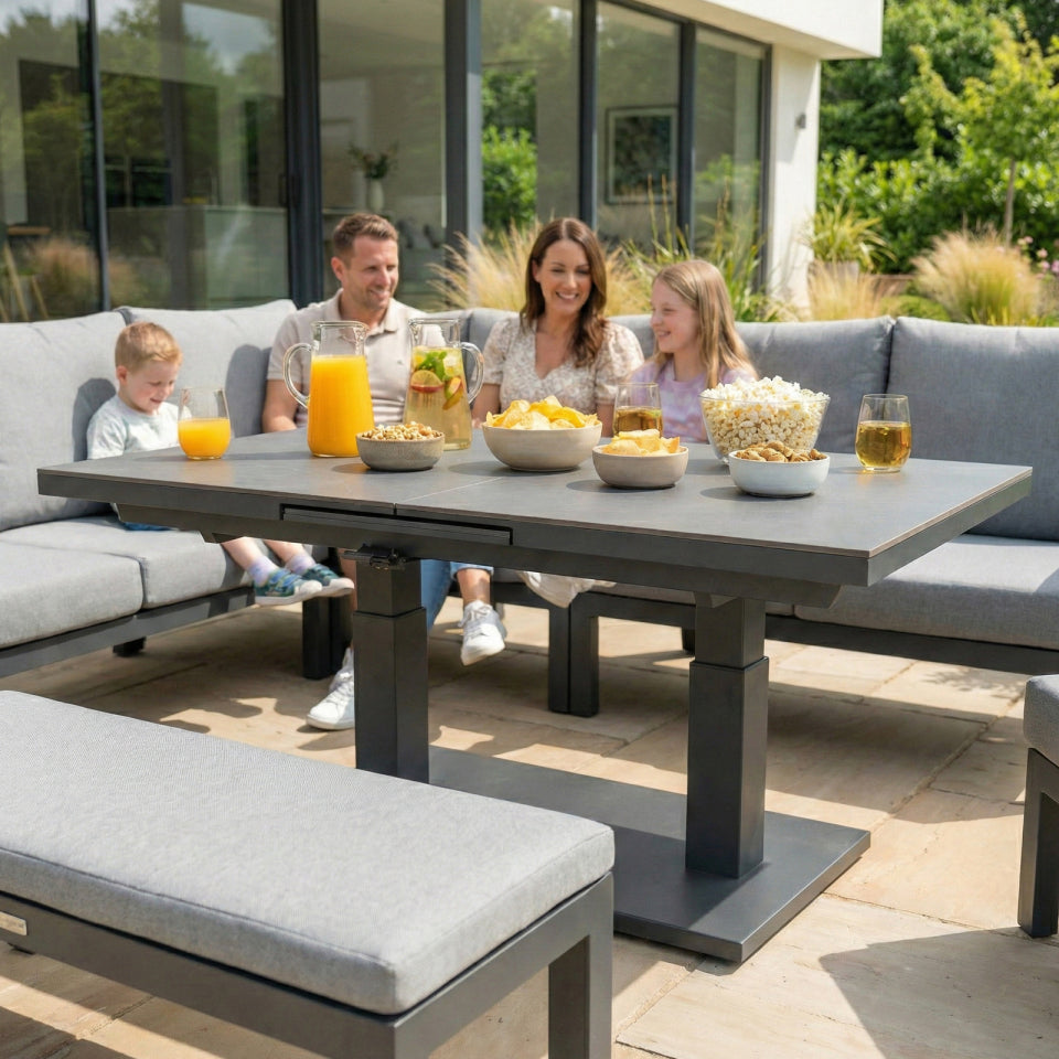 Vogue L-Shape Corner Aluminium Lounge Dining Set with Armchair and Bench - Adjustable Rising Extending Table in Graphite Grey