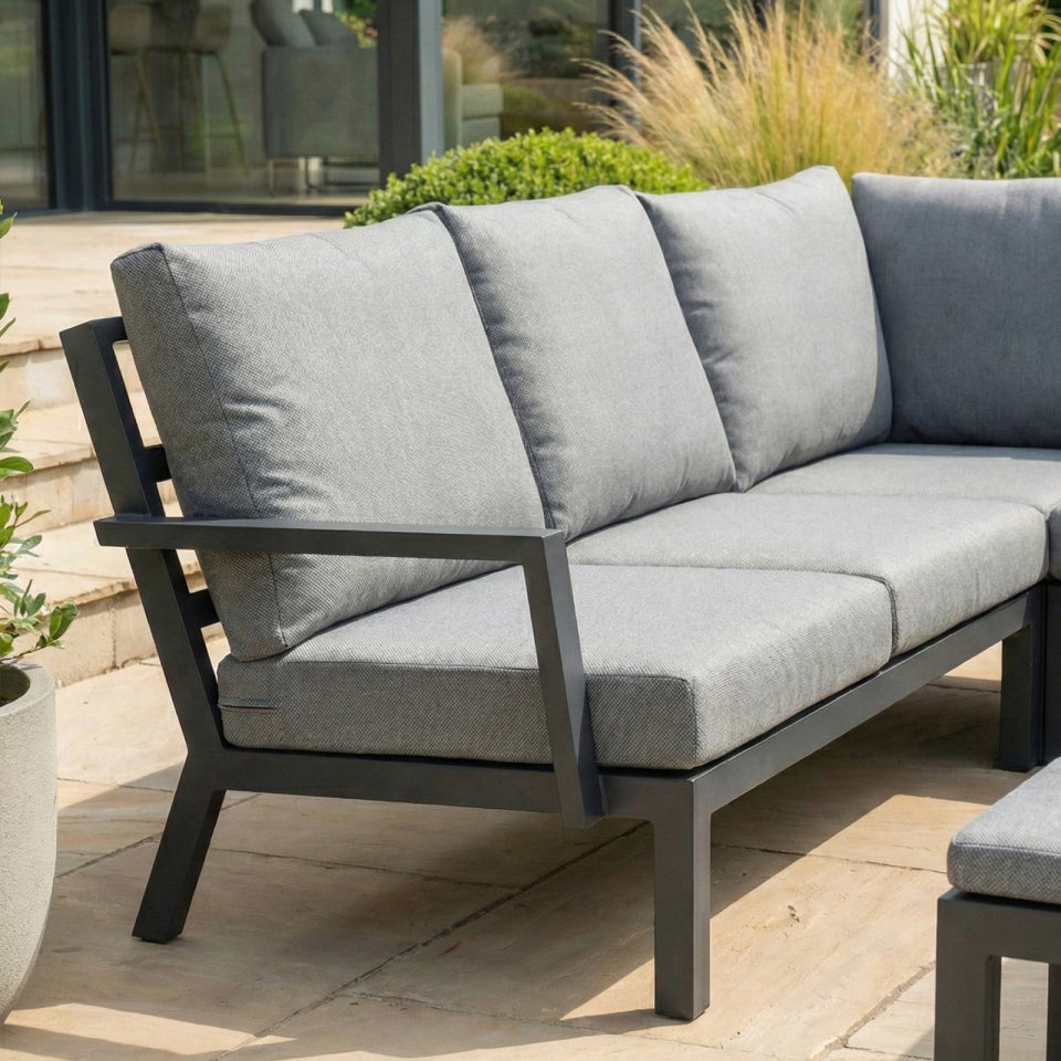 Vogue L-Shape Corner Aluminium Lounge Dining Set with Armchair and Bench - Adjustable Rising Extending Table in Graphite Grey