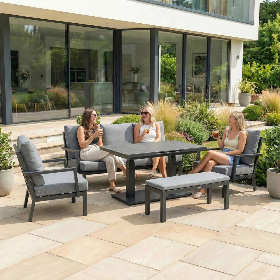 Vogue 3 Seater Aluminium Lounge Dining Set with 2 Armchairs and Bench - Adjustable Rising Extending Table in Graphite Grey