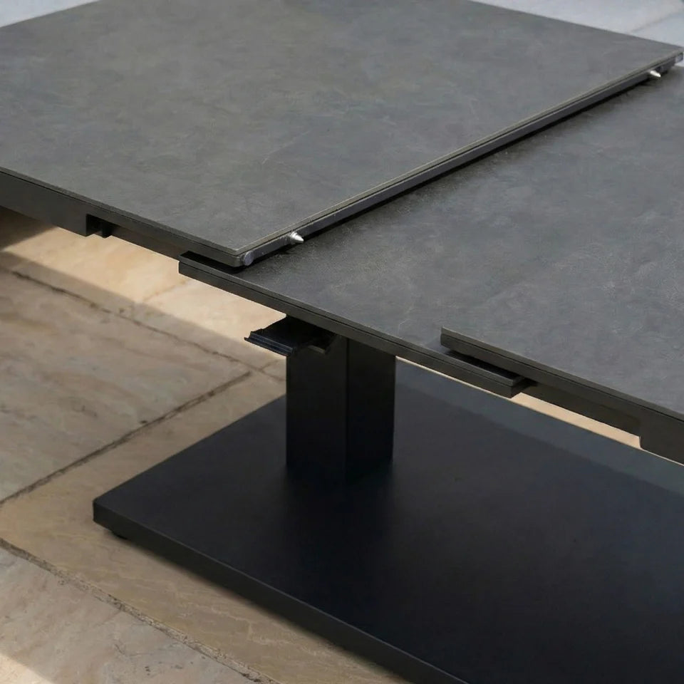 Vogue 3 Seater Aluminium Lounge Dining Set with 2 Armchairs and Bench - Adjustable Rising Extending Table in Graphite Grey