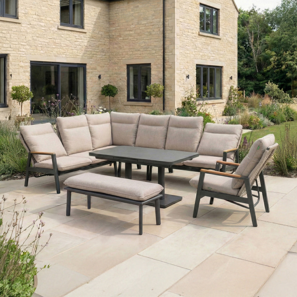 Parker L-Shaped Corner Aluminium Rope Reclining Lounge Dining Set with Armchair & Bench - Adjustable Rising Extending Table in Beige