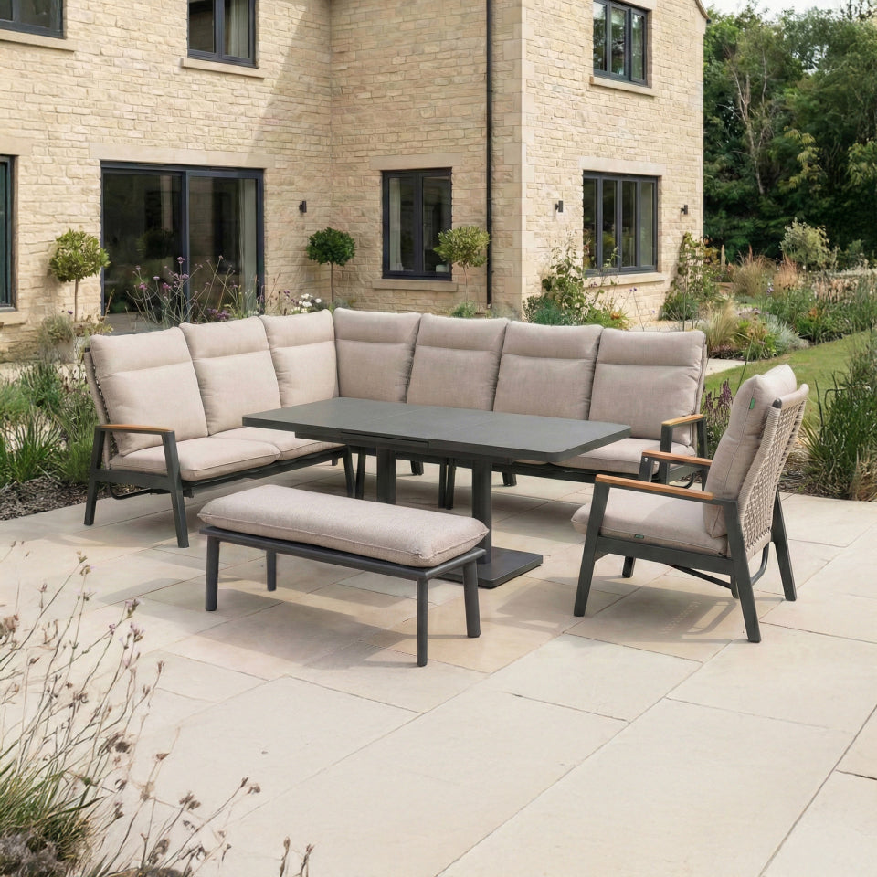 Parker L-Shaped Corner Aluminium Rope Reclining Lounge Dining Set with Armchair & Bench - Adjustable Rising Extending Table in Beige