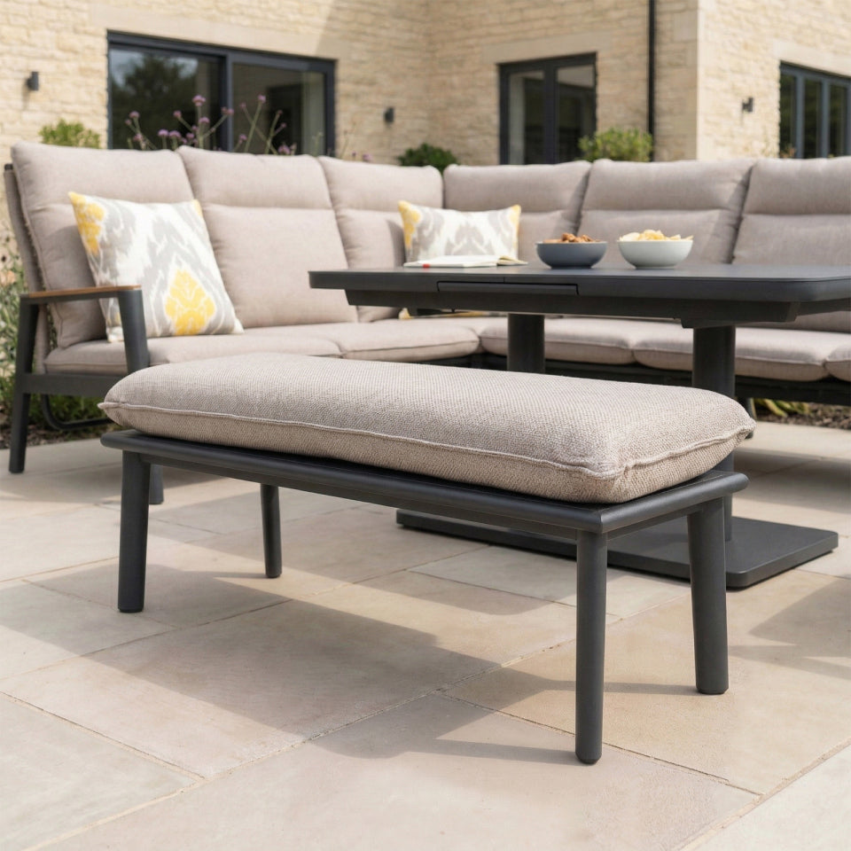 Parker L-Shaped Corner Aluminium Rope Reclining Lounge Dining Set with Armchair & Bench - Adjustable Rising Extending Table in Beige