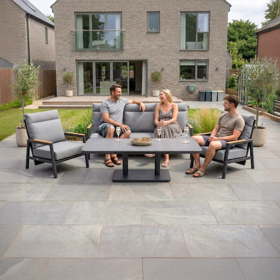 Isaac 3 Seater Aluminium Reclining Lounge Dining Set with 2 Armchairs - Rising Extending Table in Graphite Grey