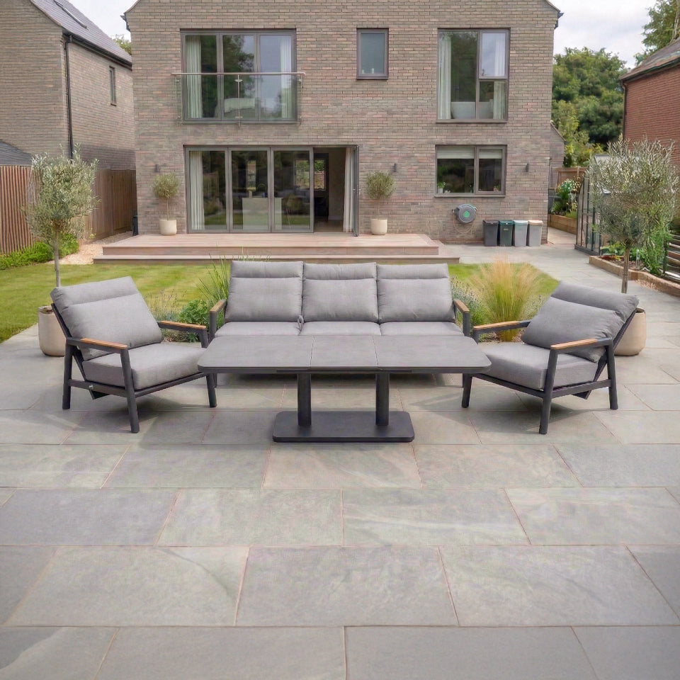 Isaac 3 Seater Aluminium Reclining Lounge Dining Set with 2 Armchairs - Rising Extending Table in Graphite Grey
