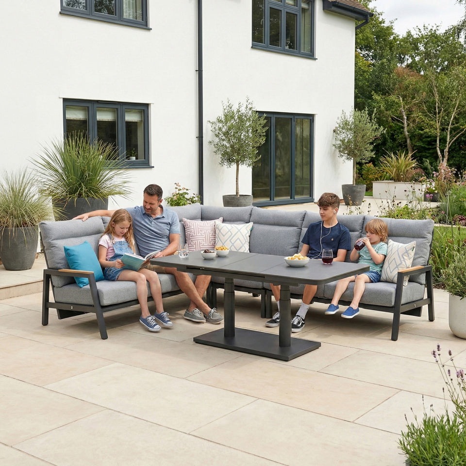 Isaac L-Shaped Corner Aluminium Reclining Lounge Dining Set - Adjustable Rising Extending Table in Graphite Grey