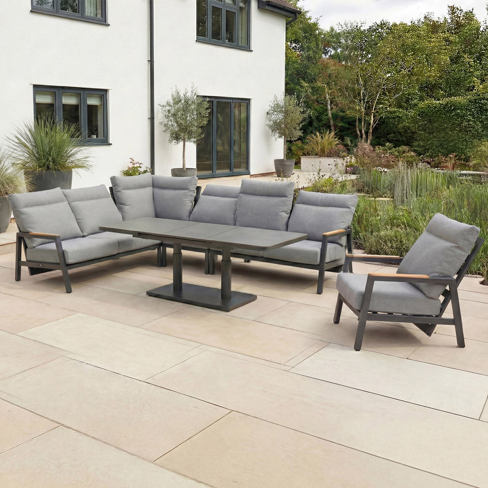 Isaac L-Shaped Corner Aluminium Reclining Lounge Dining Set with Armchair - Adjustable Rising Extending Table in Graphite Grey