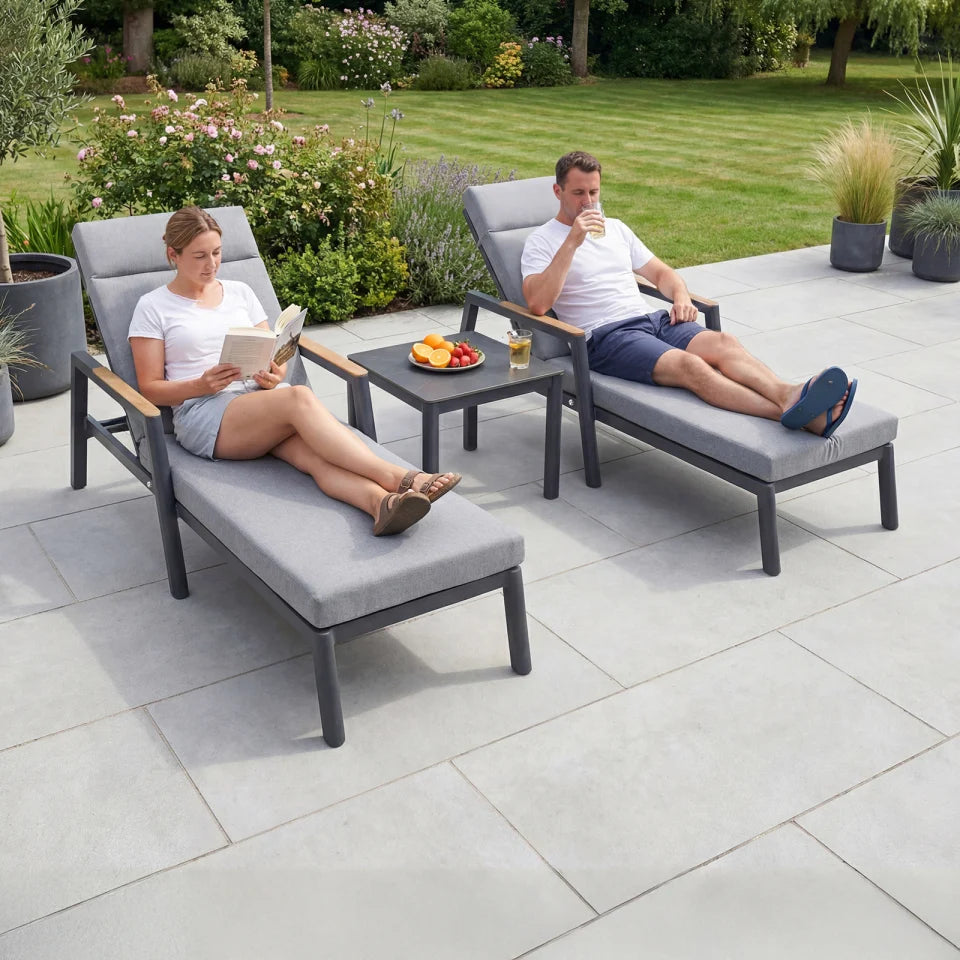Isaac Aluminium Sun Lounger Set of 2 and Side Table in Graphite Grey