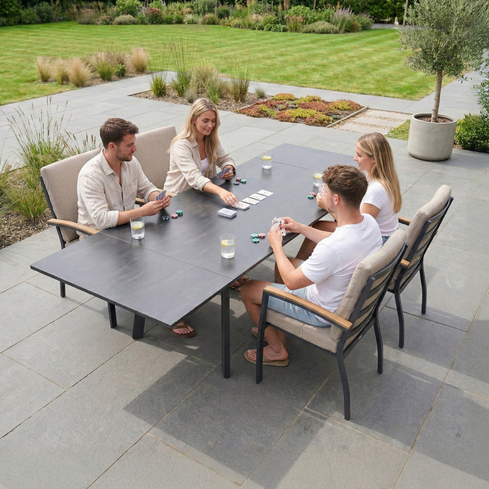 Leah 4-10 Seat Aluminium Dining Set - Rectangular Extending Table with 4 Chairs in Graphite Grey