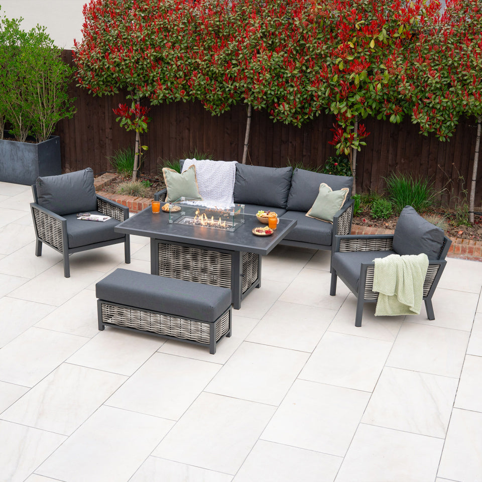 Caleb 3 Seater Rattan Aluminium Lounge Dining Set with 2 Armchairs and Bench - Gas Fire Pit Dark Grey Table in Dapple Grey