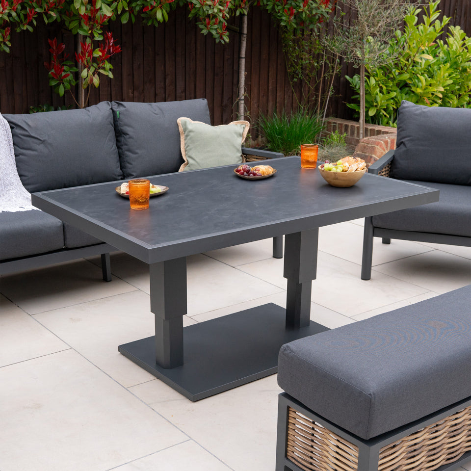 Caleb 3 Seater Rattan Aluminium Lounge Dining Set with 2 Armchairs and Bench - Adjustable Rising Dark Grey Table in Palomino Brown