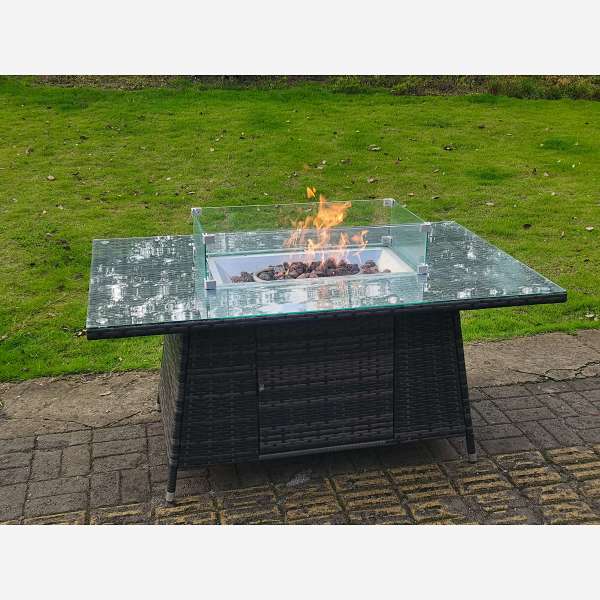 Outdoor Rattan Garden Furniture Gas Fire Pit Table Sets Gas Heater Lounge Chairs Small Footstools Dark Grey 10 seater