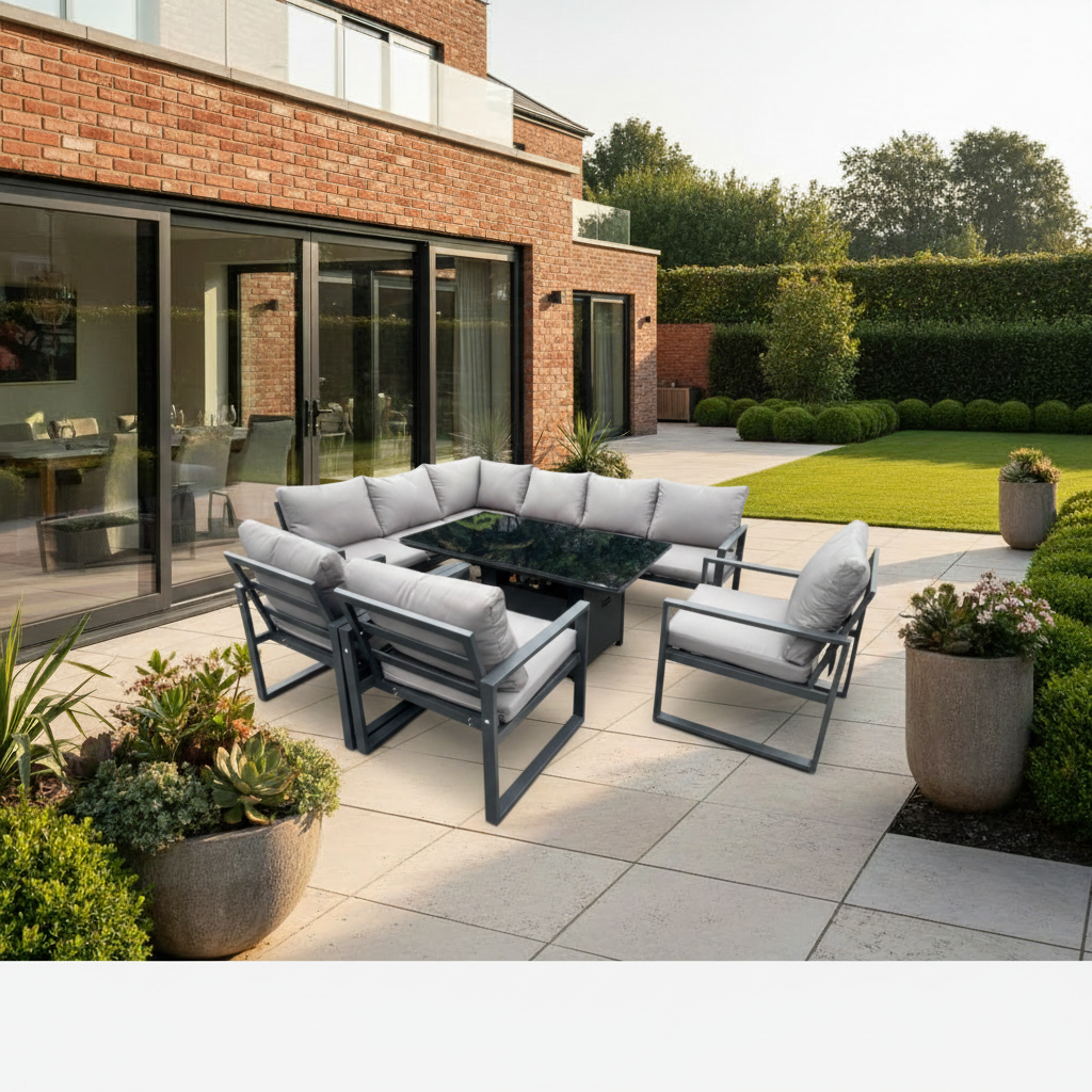 Aluminum Outdoor Garden Furniture Corner Sofa Chair Adjustable Rising Lifting Dining Table Sets Black Tempered Glass Dark Grey 9 Seater