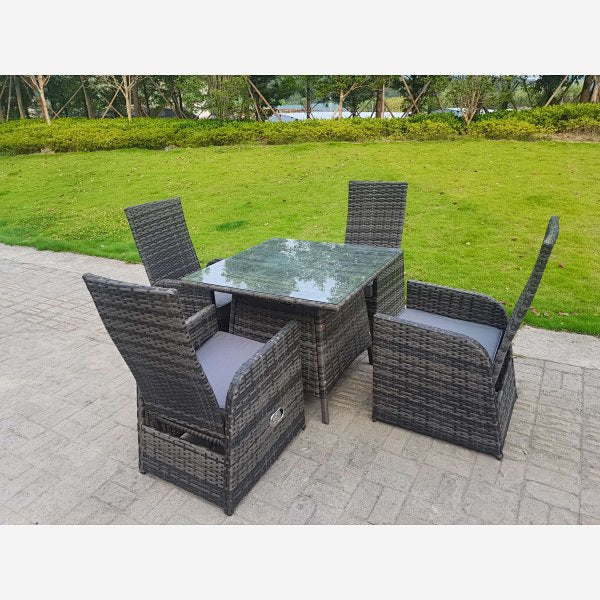 Dark Grey Mixed Outdoor PE Wicker Rattan Garden Furniture Reclining Chair And Table Dining Sets 4 Seater Square Tempered Glass Table