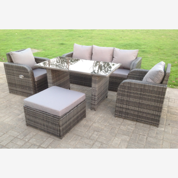 Rattan Garden Furniture Set Adjustable Chair Sofa Lounge 3 Seater Sofa Rectangular Dining Black Glass Table Footstool