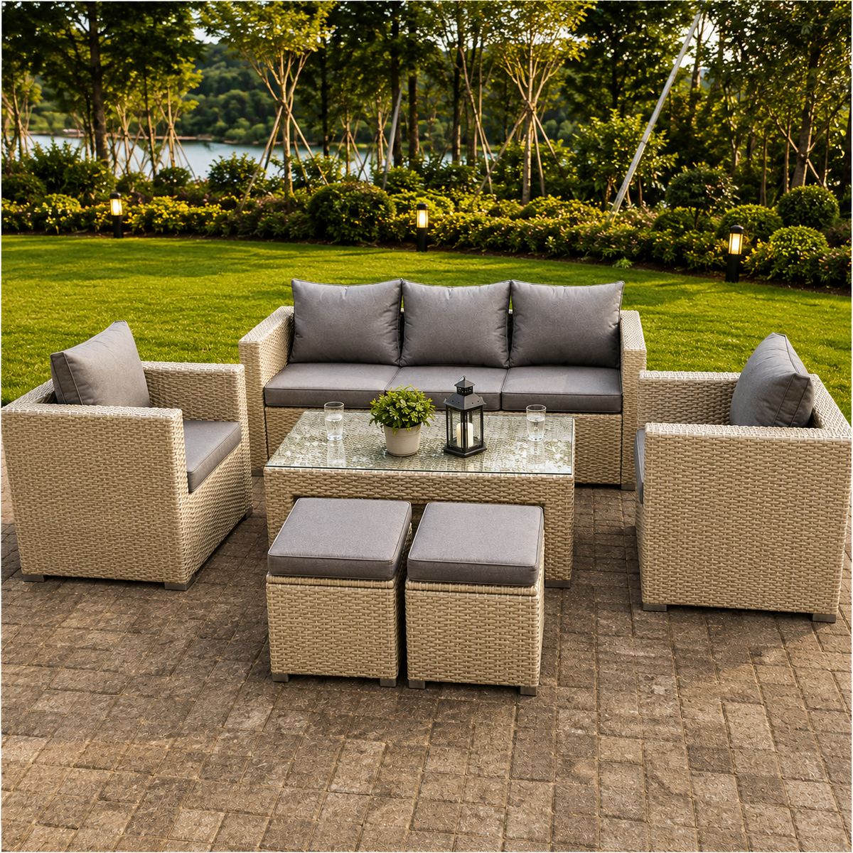 Wicker Rattan Garden Furniture Sofa Sets Outdoor Patio Coffee Table With Stools