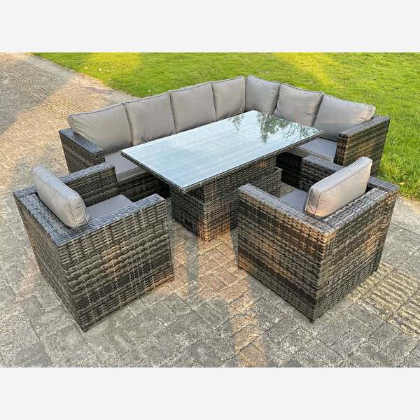 8 Seater Rattan Garden Furniture Set Rising Adjustable Uplift Dining Table 2 Option