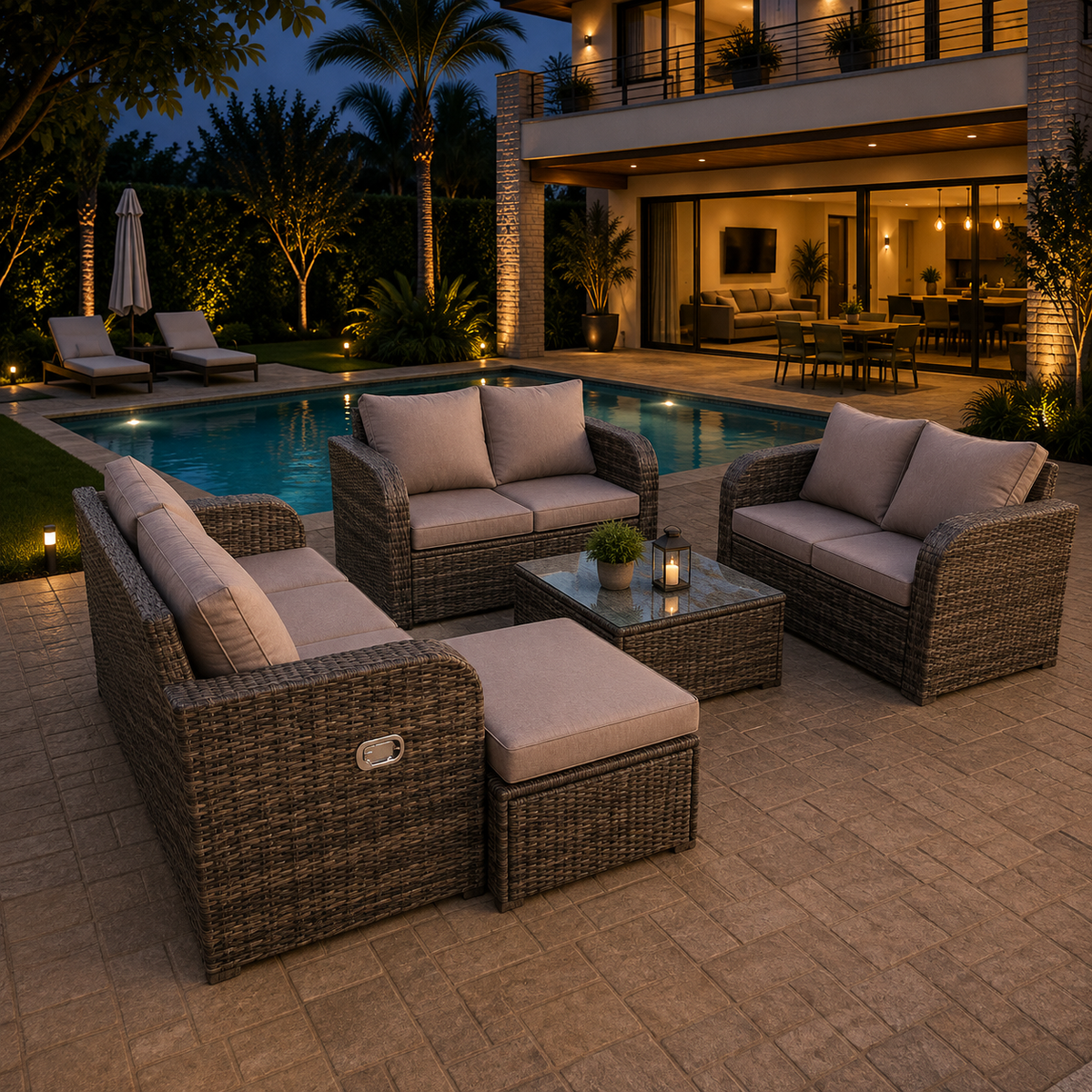 5 Options PE Rattan Modular Sofa Set Reclining Chairs Footstool Coffee Table Garden Furniture