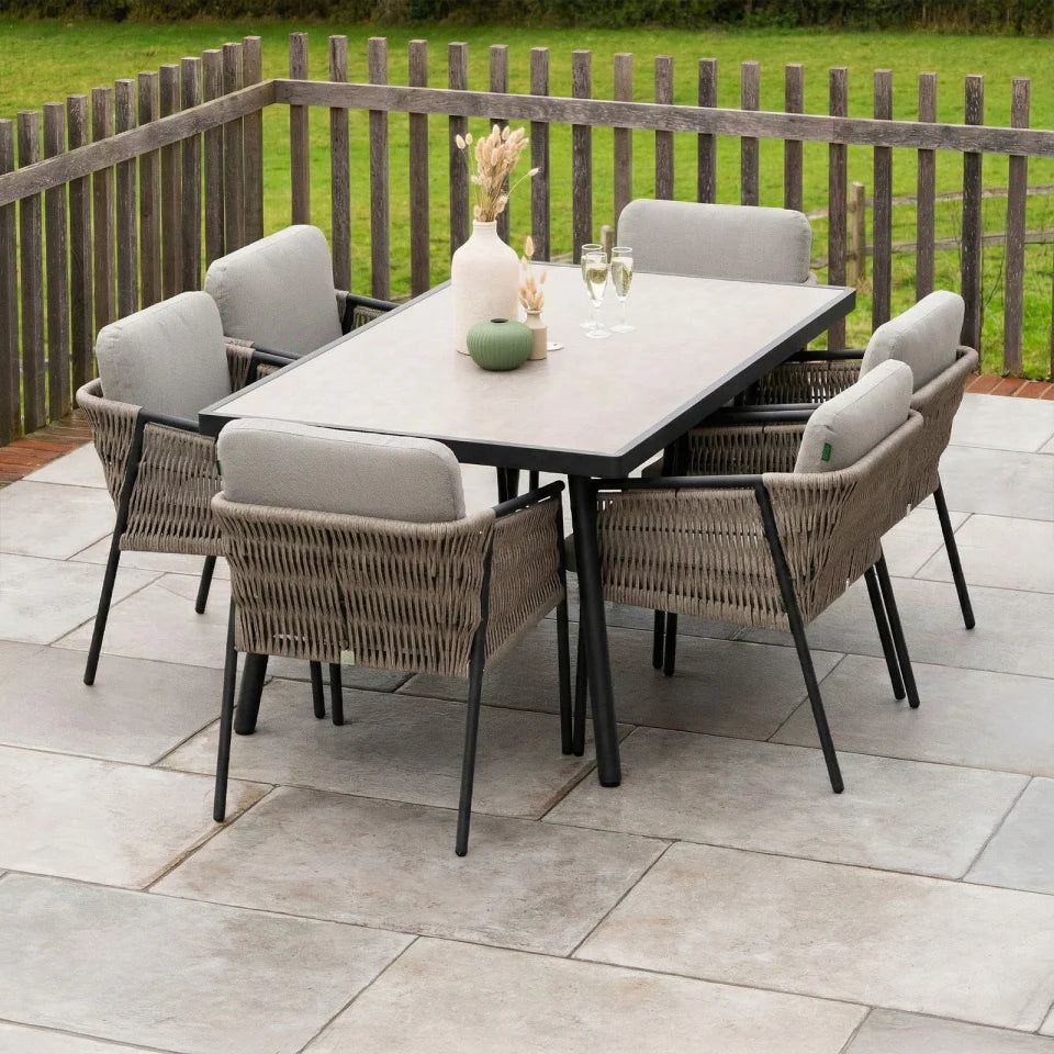 Sophia 6 Seat Rattan Aluminium Dining Set - Rectangular Table in Mottled Grey