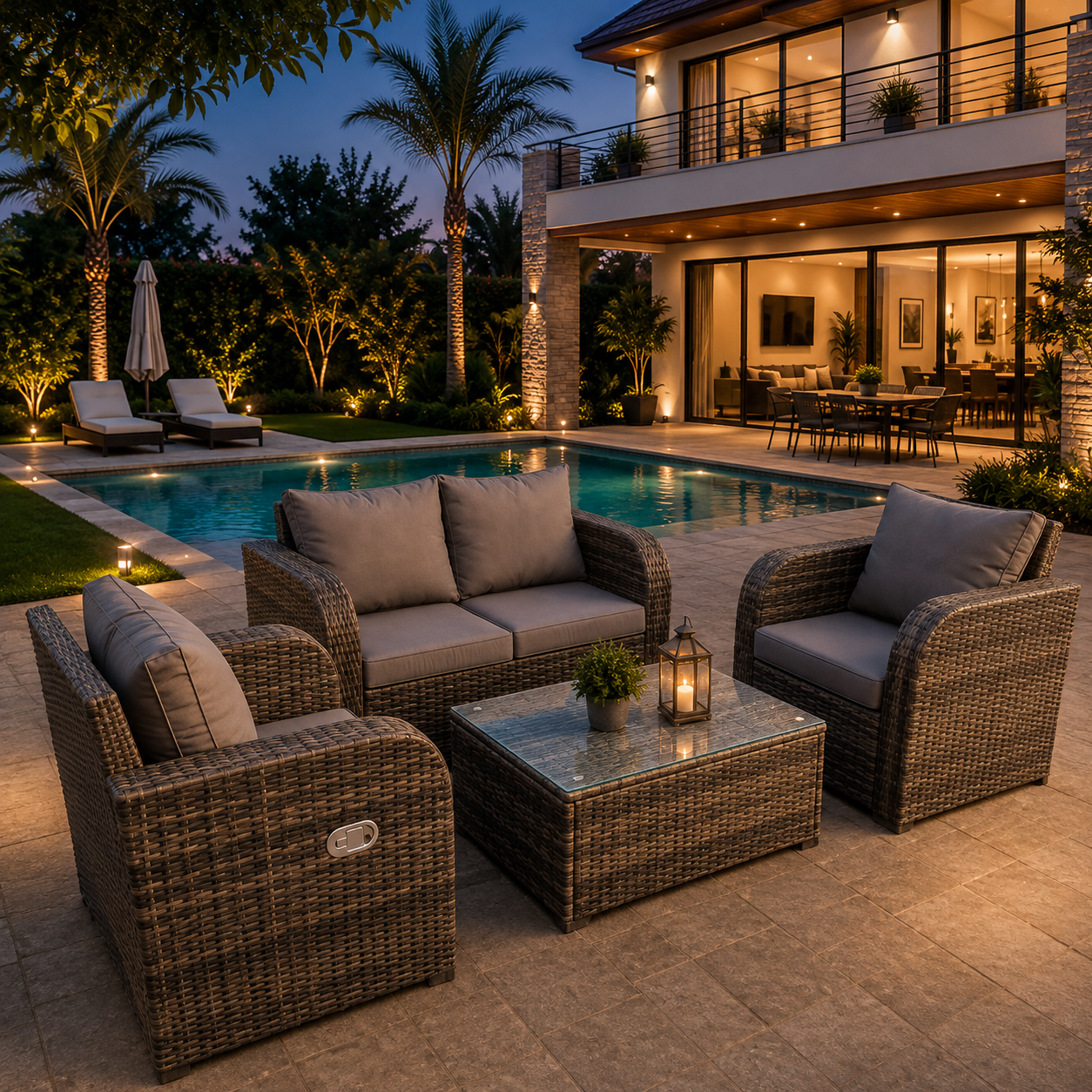 4 Seater Reclining Grey Mixed Rattan Sofa Chair Outdoor Garden Furniture Sets