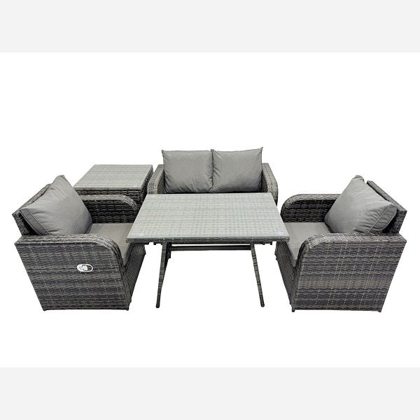 Outdoor Garden Furniture Set Rattan Sofa Dining Table Set with Reclining Chair Side Table Dark Grey Mixed