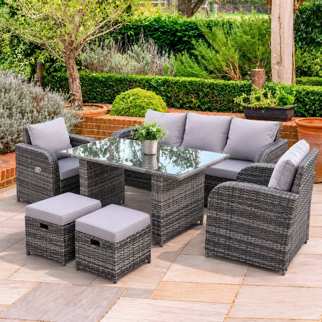 PE Rattan Garden Furniture Set Adjustable Chair Lounge 3 Seater Sofa Oblong Rectangular Dining Black Glass Table 2 Stools