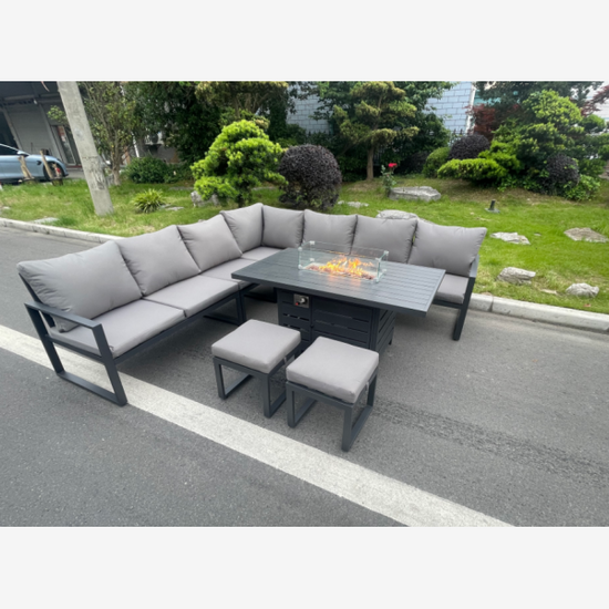Fimous Aluminum Outdoor Garden Furniture Corner Sofa Gas Fire Pit Dining Table Sets 2 PC Stools Gas Heater Burner Dark Grey 9 Seater