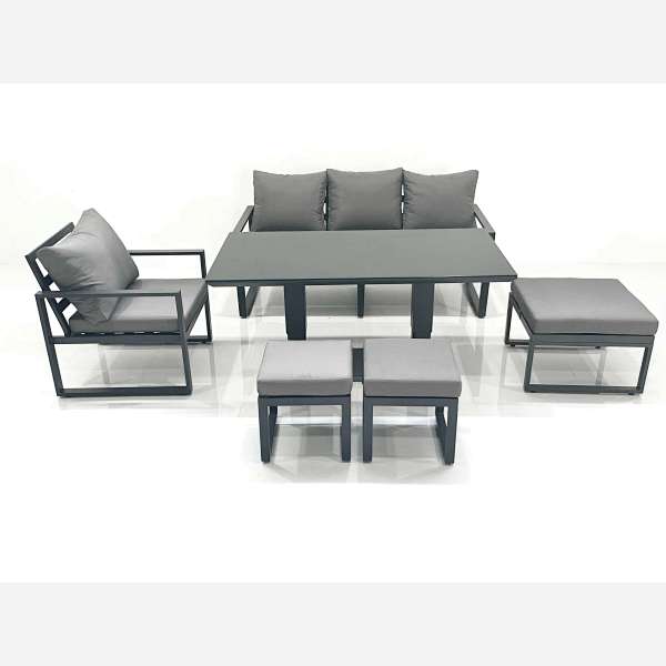 Outdoor Aluminium Garden Furniture Set with Adjustable Rising Lifting Dining Table 3 Seater Sofa Chair 3 Footstools Dark Grey