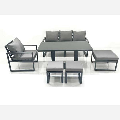 Outdoor Aluminium Garden Furniture Set with Adjustable Rising Lifting Dining Table 3 Seater Sofa Chair 3 Footstools Dark Grey