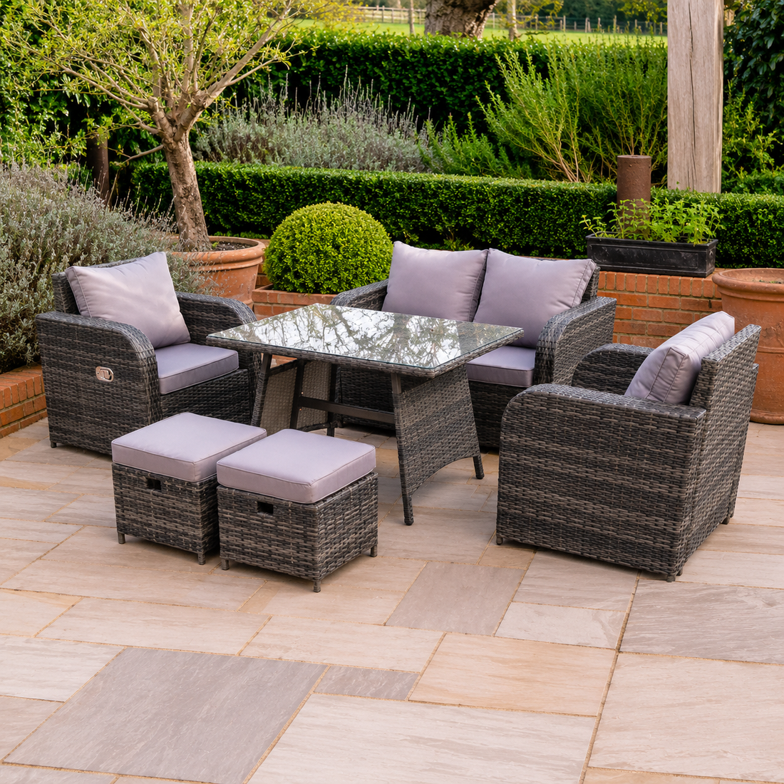 PE Rattan Garden Furniture Set Adjustable Chair 2 Seater Sofa Double Love Seat Sofa Oblong Dining Table With 2 Stools