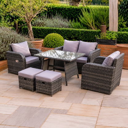 PE Rattan Garden Furniture Set Adjustable Chair 2 Seater Sofa Double Love Seat Sofa Oblong Dining Table With 2 Stools