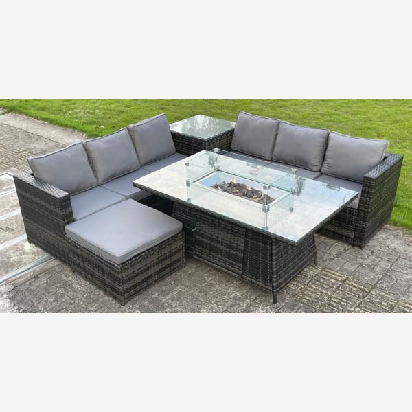 Oudoor Rattan Garden Corner Furniture Gas Fire Pit Table Sets Lounge Big Footstool Dark Grey 7 seater