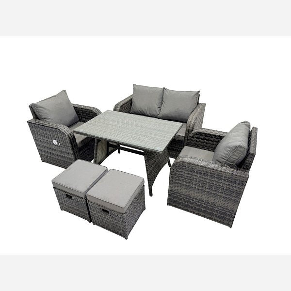 Outdoor Garden Furniture Set Rattan Sofa Dining Table Set with Reclining Chair 2 Small Footstool Dark Grey Mixed